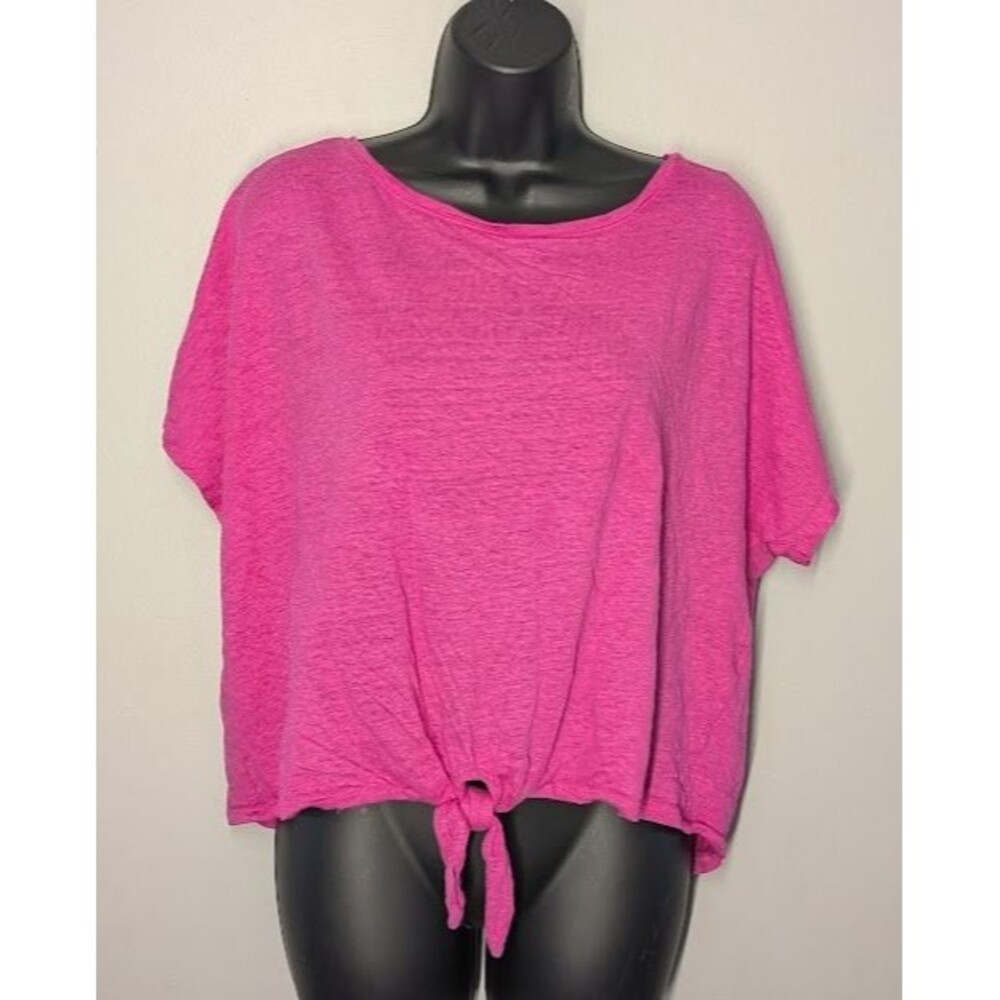 Chicos Pink 100% Linen Tie Front Top L Short Sleeve Minimalist Quiet Luxury